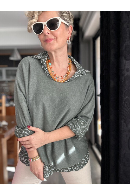 Femme İtalyan Gömlekli Bluz Triko Takım Haki Yeşil