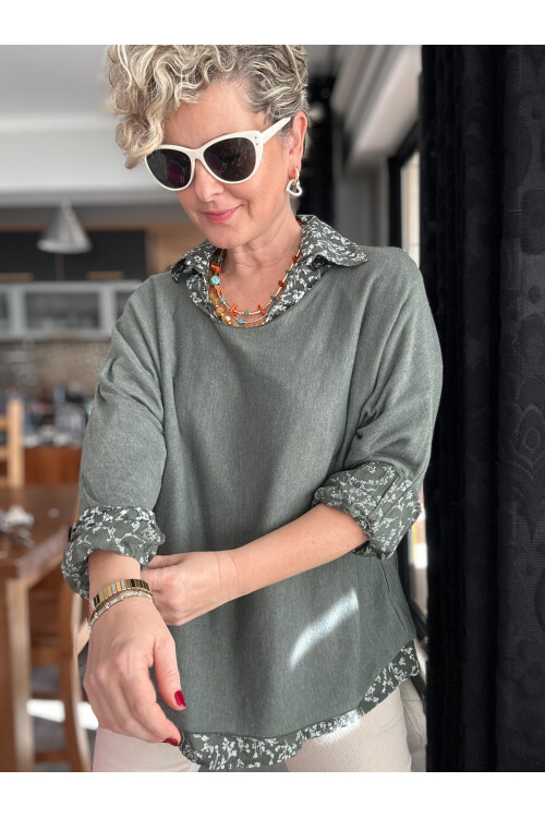 Femme İtalyan Gömlekli Bluz Triko Takım Haki Yeşil