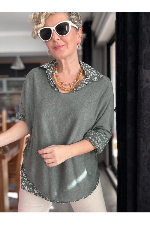 Femme İtalyan Gömlekli Bluz Triko Takım Haki Yeşil