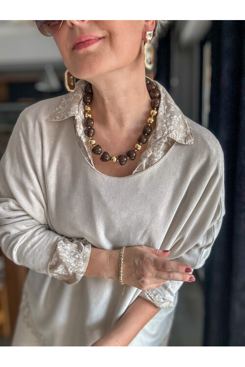 Femme İtalyan Gömlekli Bluz Triko Takım Ekru