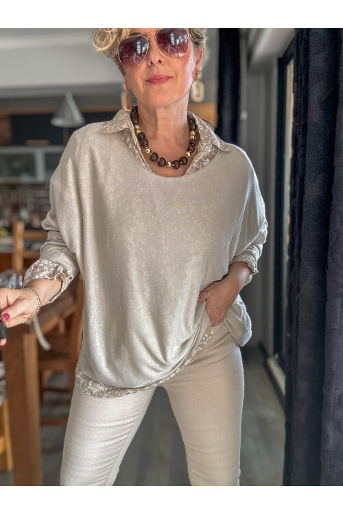 Femme İtalyan Gömlekli Bluz Triko Takım Ekru