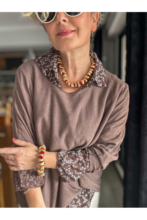 Femme İtalyan Gömlekli Bluz Triko Takım Kahve