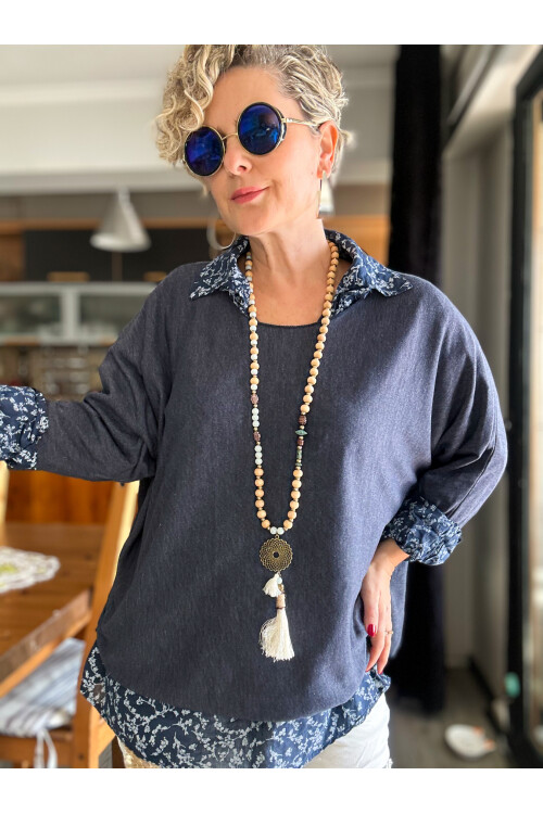 Femme İtalyan Gömlekli Bluz Triko Takım Lacivert