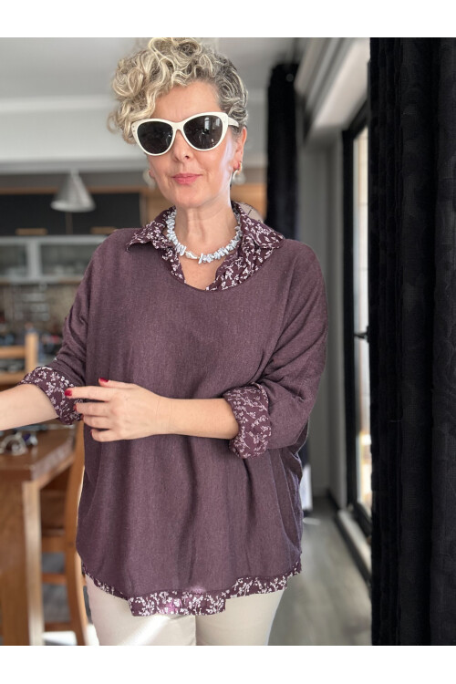 Femme İtalyan Gömlekli Bluz Triko Takım Mürdüm