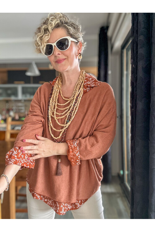 Femme İtalyan Gömlekli Bluz Triko Takım Kiremit