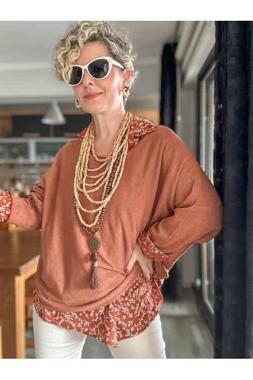 Femme İtalyan Gömlekli Bluz Triko Takım Kiremit