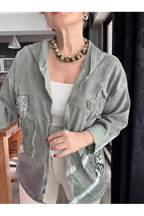 Forri İtalyan Vip Payet Detay Kapşon Çeket Haki