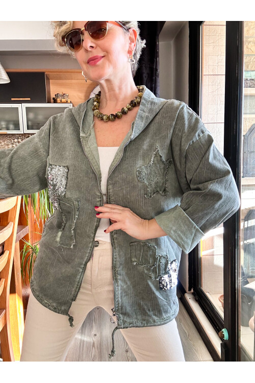 Forri İtalyan Vip Payet Detay Kapşon Çeket Haki