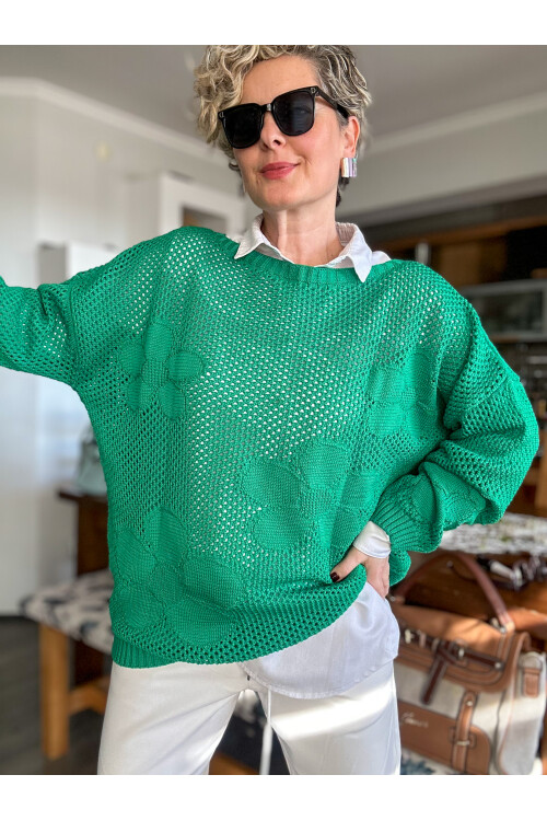 Funny Çiçek Desen Delikli Triko Bluz Yeşil