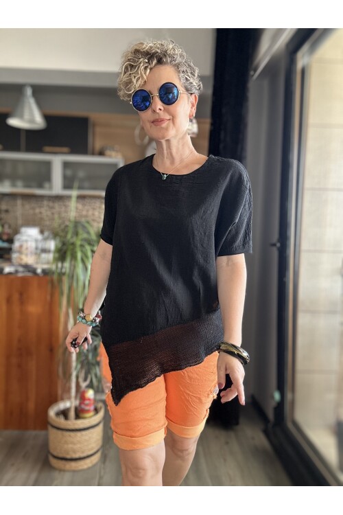 Getto Asimetrik Kesim File Detay Bluz Siyah