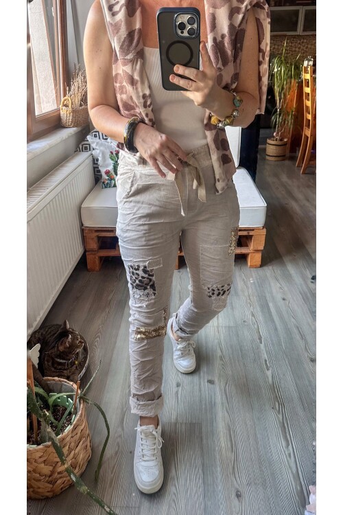 İtaliana Leopar Desen Pul Detaylı Sihirli Pantolon Beige