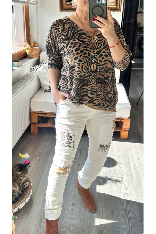 İtaliana Leopar Desen Pul Detaylı Sihirli Pantolon Beyaz