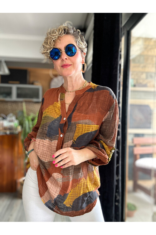 Lizy Patchwork Desen İtalyan Gömlek Kahverengi