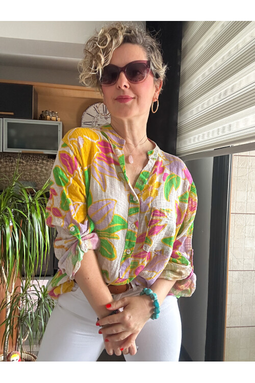 Lucci Lotus Yaprak Desen İtalyan Gömlek Bej