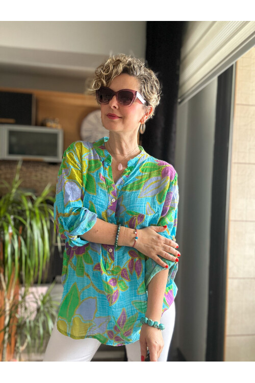 Lucci Lotus Yaprak Desen İtalyan Gömlek Turkuaz