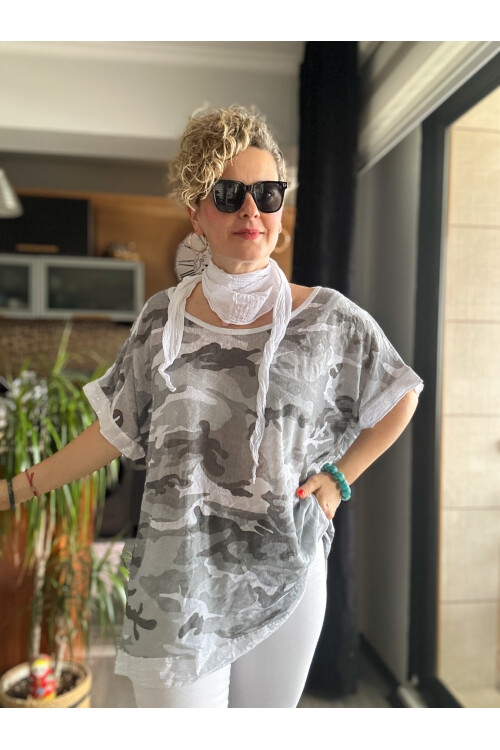 Mamma Mia Fularlı Etek Pul Kamuflaj Bluz Beyaz