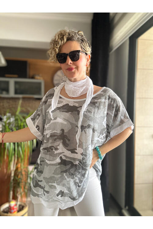 Mamma Mia Fularlı Etek Pul Kamuflaj Bluz Beyaz