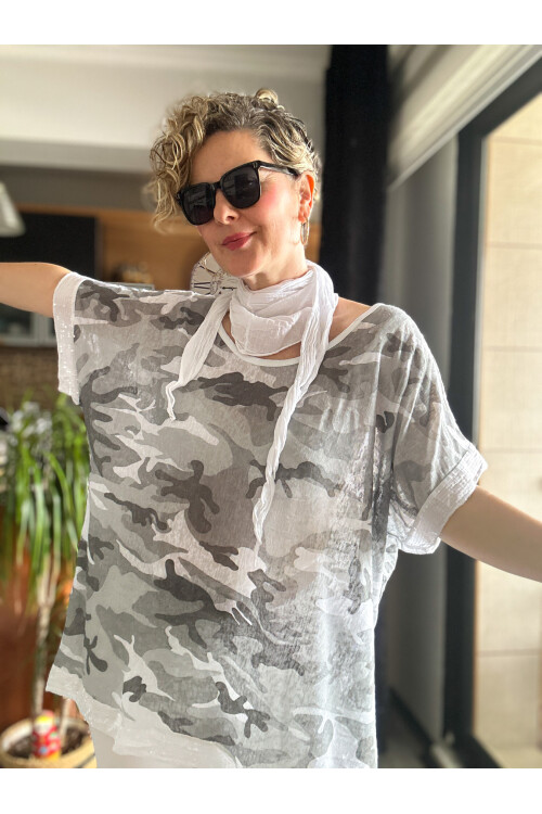 Mamma Mia Fularlı Etek Pul Kamuflaj Bluz Beyaz