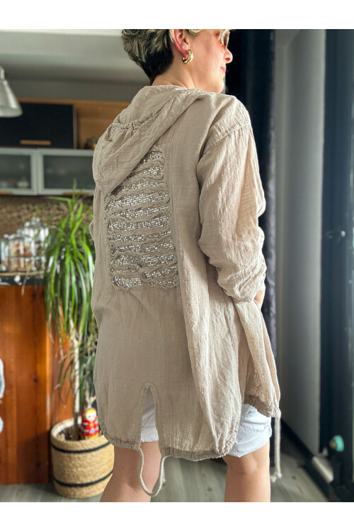 Musso Kapşonlu Arka Pul Detay Keten Ceket Bej