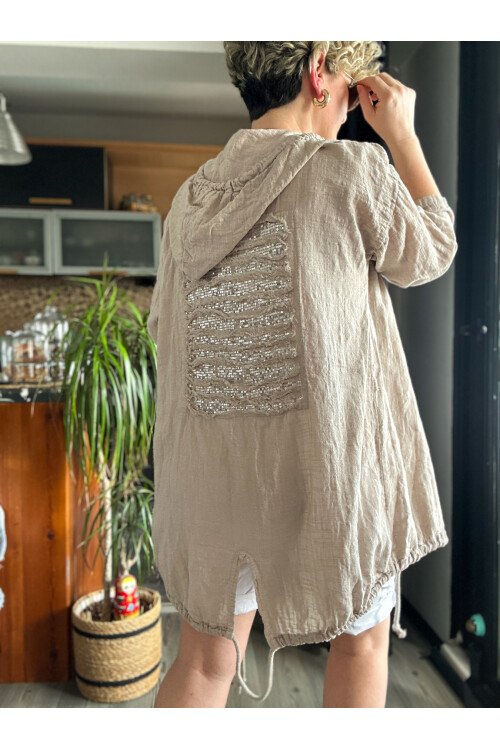 Musso Kapşonlu Arka Pul Detay Keten Ceket Bej