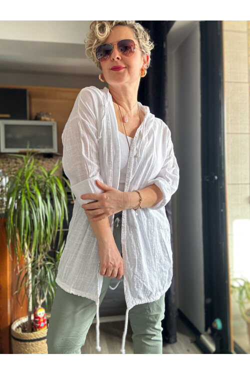 Musso Kapşonlu Arka Pul Detay Keten Ceket Beyaz