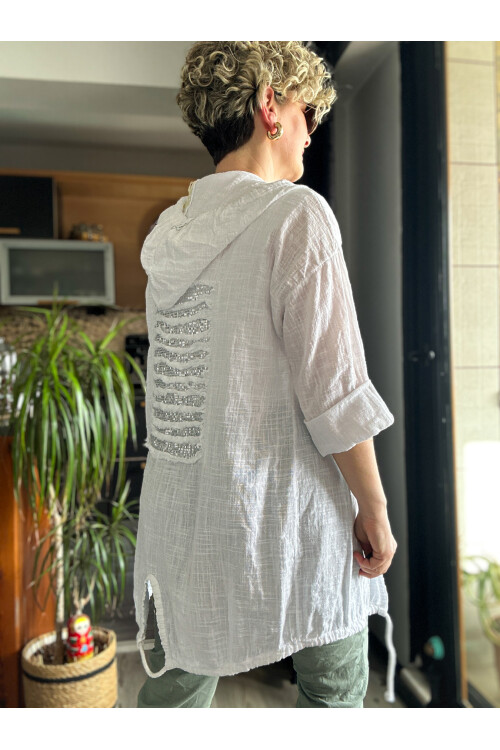 Musso Kapşonlu Arka Pul Detay Keten Ceket Beyaz