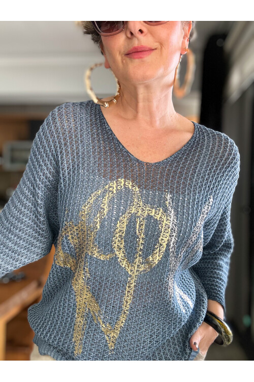 Nando İtalyan Varak Love Baskılı Triko Blue