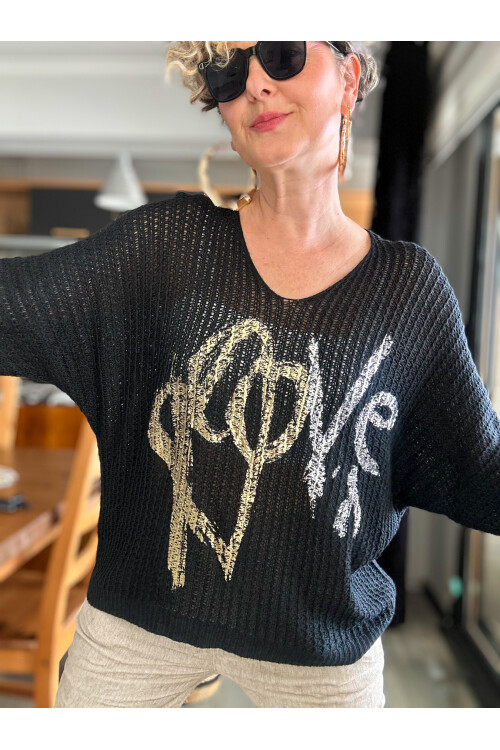 Nando İtalyan Varak Love Baskılı Triko Siyah