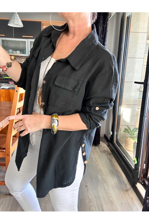 Pablo Tasarım Yan Düğme Detaylı Gömlek Siyah
