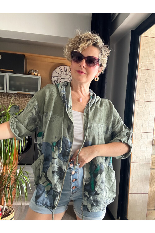 Passi İtalyan Tasarım Çiçek Desen Kapşon Ceket Haki Yeşil