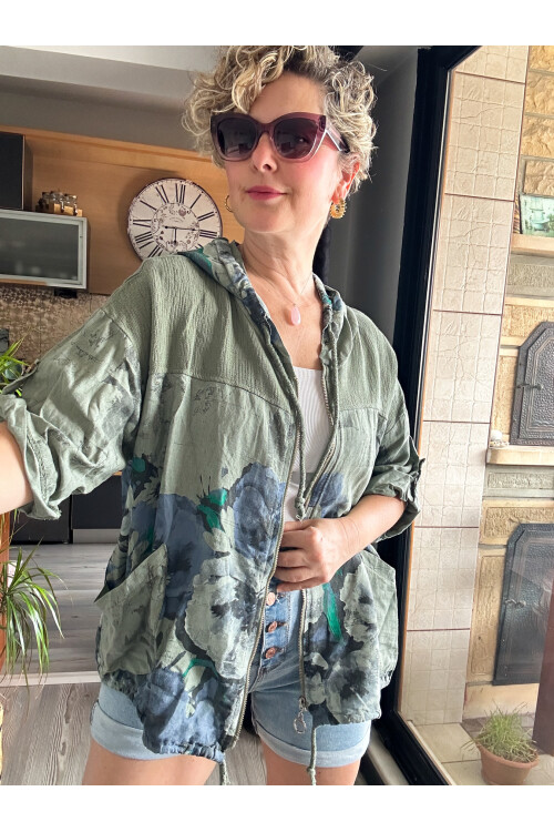 Passi İtalyan Tasarım Çiçek Desen Kapşon Ceket Haki Yeşil