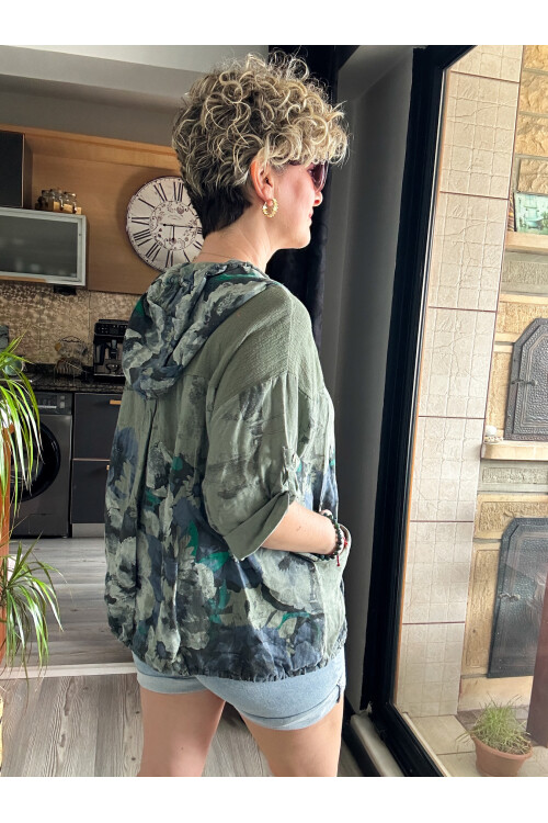 Passi İtalyan Tasarım Çiçek Desen Kapşon Ceket Haki Yeşil