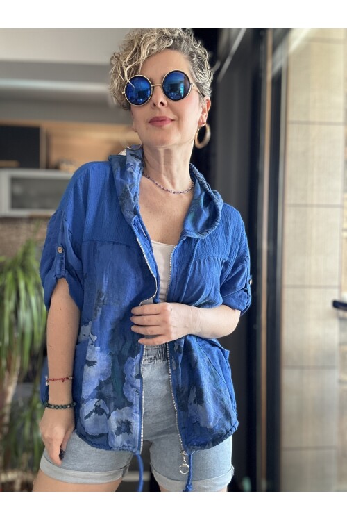 Passi İtalyan Tasarım Çiçek Desen Kapşon Ceket Sax