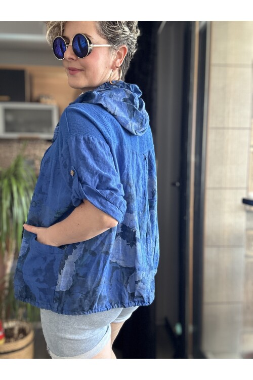 Passi İtalyan Tasarım Çiçek Desen Kapşon Ceket Sax