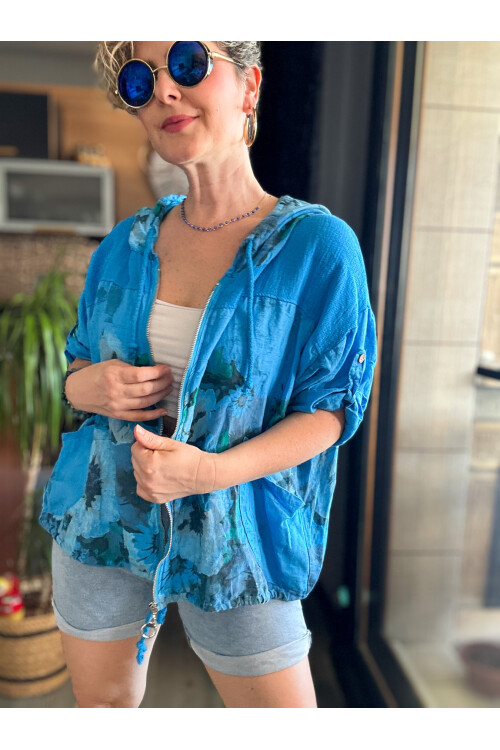 Passi İtalyan Tasarım Çiçek Desen Kapşon Ceket Turkuaz