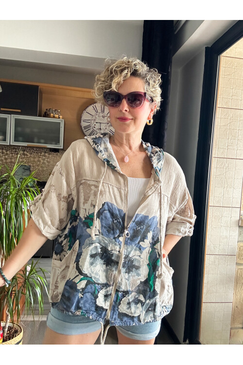 Passi İtalyan Tasarım Çiçek Desen Kapşon Ceket Vizon