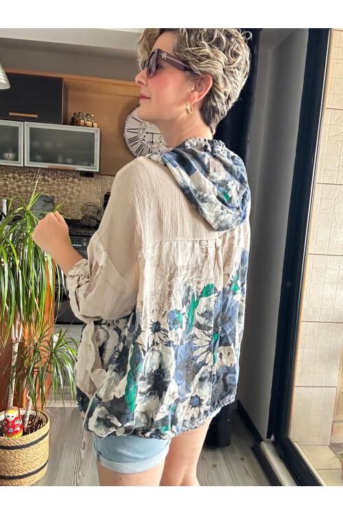 Passi İtalyan Tasarım Çiçek Desen Kapşon Ceket Vizon