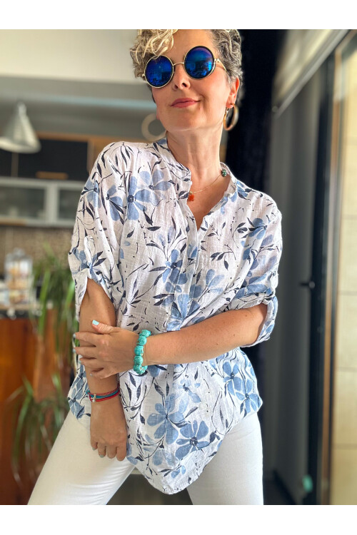 Pazzi Yasemin Desenli Beyaz İtalyan Gömlek