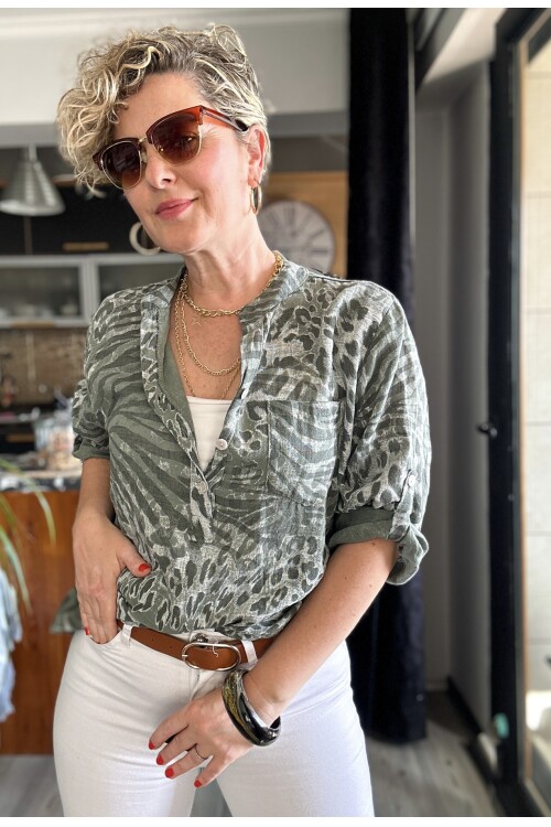 Perotti İtalyan Desenli Salaş Gömlek Haki Yeşil