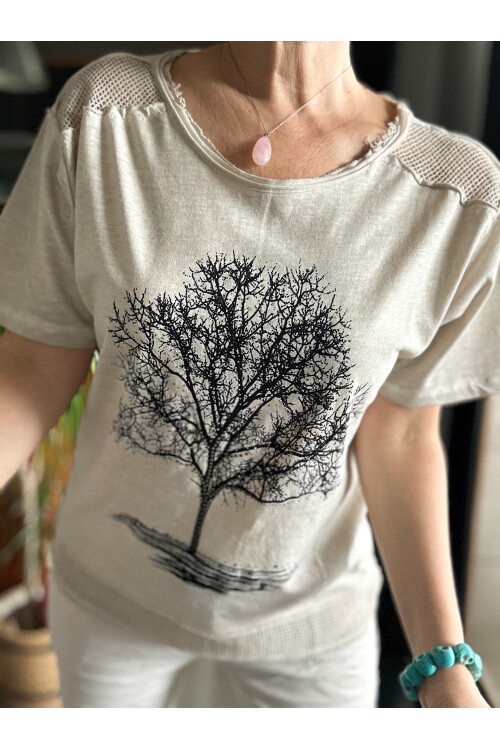 Picca Ağaç Desen Taşlı File Bluz Bej