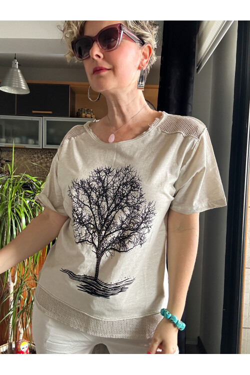 Picca Ağaç Desen Taşlı File Bluz Bej