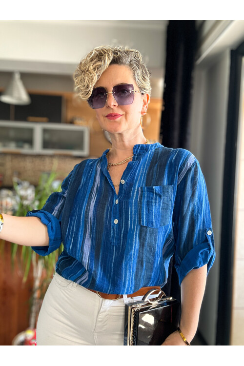 Picci Çizgi Desen Sax Mavi Desenli İtalyan Gömlek