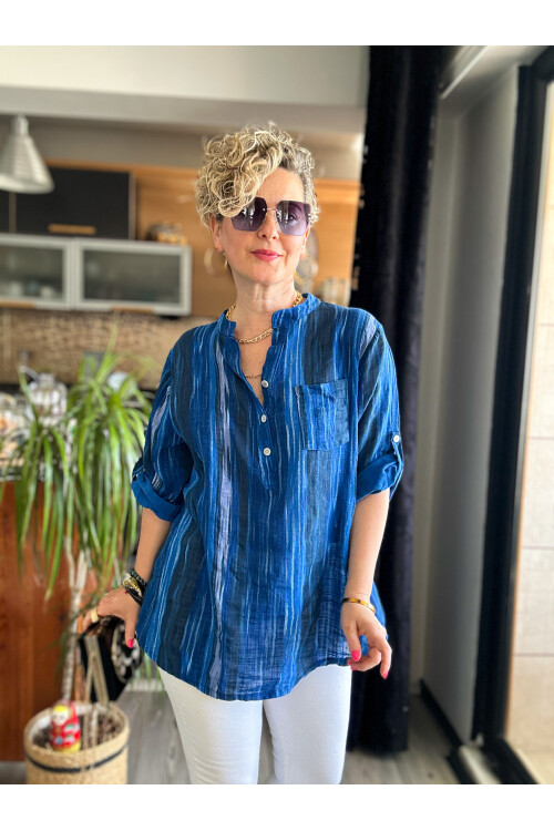 Picci Çizgi Desen Sax Mavi Desenli İtalyan Gömlek