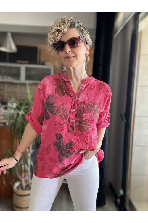 Picci Yaprak Desen Fuşya Desenli İtalyan Gömlek