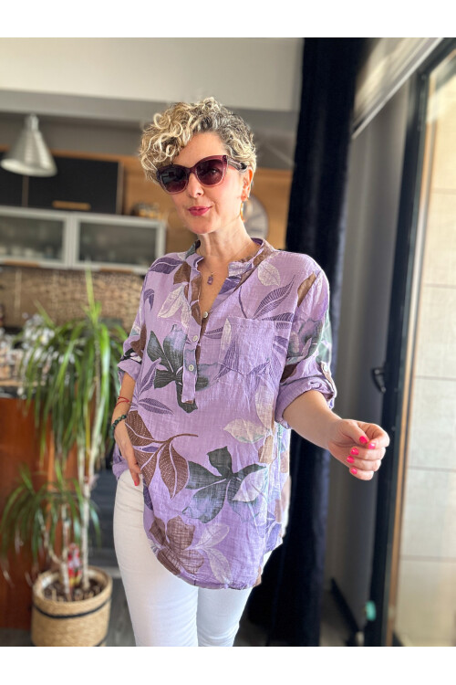 Picci Yaprak Desen Lila Desenli İtalyan Gömlek