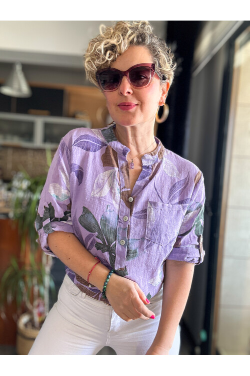 Picci Yaprak Desen Lila Desenli İtalyan Gömlek
