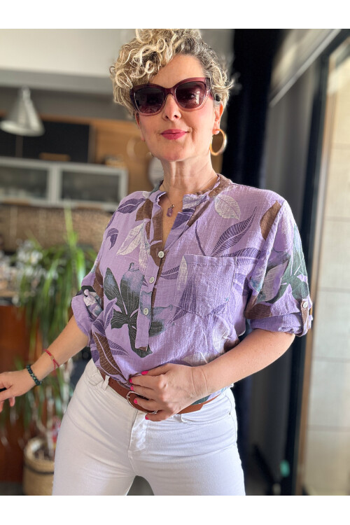 Picci Yaprak Desen Lila Desenli İtalyan Gömlek