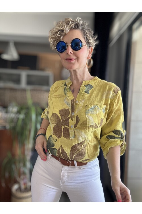 Picci Yaprak Desen Sarı Desenli İtalyan Gömlek