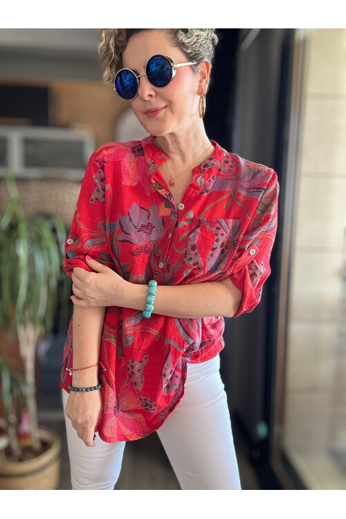 Picci Yeni Zambak Desen Nar Çiçeği Desenli İtalyan Gömlek