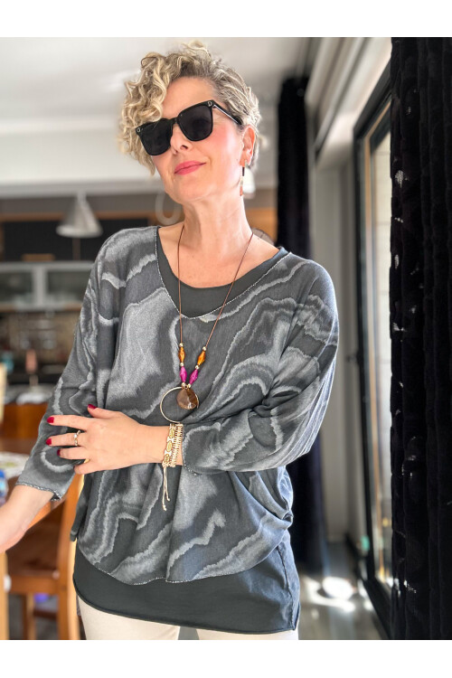 Pinsa Dalga Desen Kolyeli İtalyan Bluz Takım Antrasit